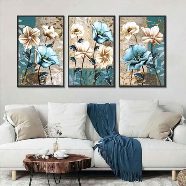 3 pcs Lotus Canvas Wall Art Gold and Blue Lotus Painting Picture Wall Decor Modern Luxury Lotus Poster Prints for Living Room Dining Room Bedroom Kitchen Home decoration Unframed - Image 2