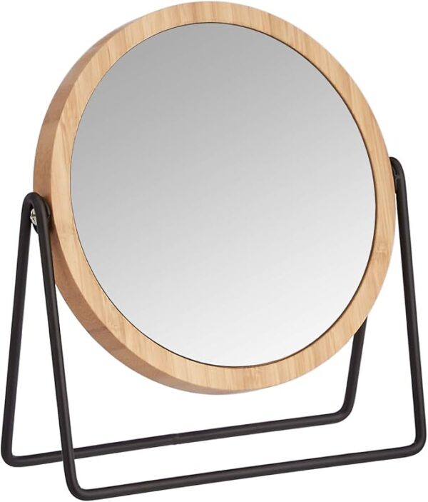 Vanity Round Mirror with Bamboo Rim, Magnification, Tabletop Mount, Black, 7.2"L x 2.87 "W