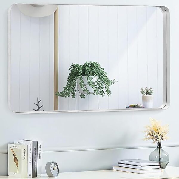 Rectangle 32x48 Mirror Thick Metal Frame Mirrors Wall Mounted/Against Wall Mirror Tempered Glass for Entryway Bathroom Horizontal or Vertical 32 48 inch Silver