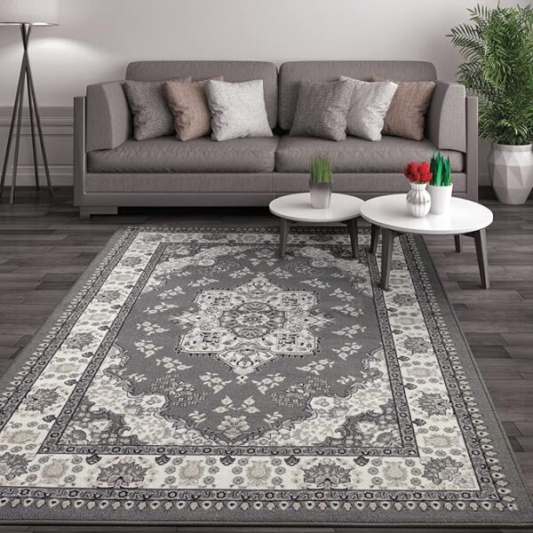 Rugs Alfombras Oriental Traditional 5x7 Non-Skid (Non-Slip) Low Profile Pile Rubber Backing Indoor Area Rugs (Gray, 5' x 7')