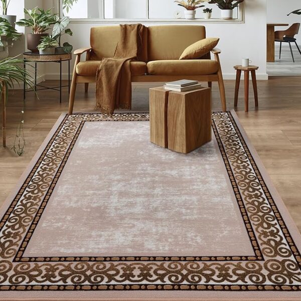 Rugs Alfombras Bordered Modern 8x10 Non-Slip (Non-Skid) Low Pile Rubber Backing Indoor Area Rug (Beige, 7'10" x 10')