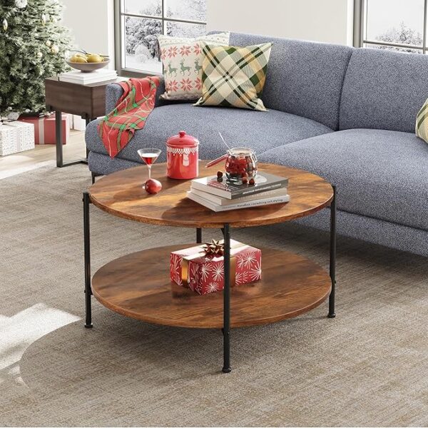 WLIVE Round Coffee Table, 32.6" Small Coffee Table with Open Storage Shelf, 2-Tier Industrial Circle Wood Center Table for Living Room, Rustic Brown - Image 2