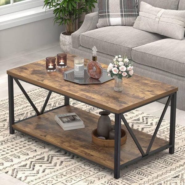 Modern Coffee Table, Industrial Metal and Wood Living Room Table with Storage Shelf, Rustic Brown