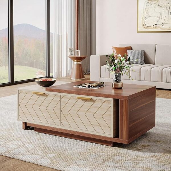 Tribesigns Extendable Coffee Table with 2 Storage Drawers, Dual-Tone Center Table with Sliding Tabletop, Multi-Functional Hidden Storage Wooden Rectangle Cocktail Table for Living Room (Walnut & Oak)