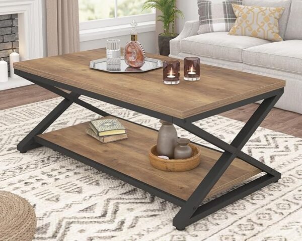 HSH Rustic Farmhouse Coffee Table, Modern Minimalist Wood and Metal Living Room Table, 2 Tie Rectangle Center Table with Storage & Display Shelf, Simple Office Cocktail Tea Table, Rustic Oak, 39 Inch