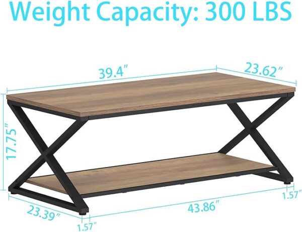 HSH Rustic Farmhouse Coffee Table, Modern Minimalist Wood and Metal Living Room Table, 2 Tie Rectangle Center Table with Storage & Display Shelf, Simple Office Cocktail Tea Table, Rustic Oak, 39 Inch - Image 2