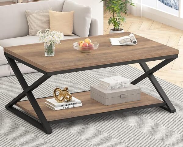 HSH Rustic Farmhouse Coffee Table, Modern Minimalist Wood and Metal Living Room Table, 2 Tie Rectangle Center Table with Storage & Display Shelf, Simple Office Cocktail Tea Table, Rustic Oak, 39 Inch - Image 3