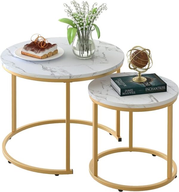 Coffee Table Nesting White Set of 2 Side Set Golden Frame Circular Round and Marble Pattern Wooden Tables, Living Room Bedroom Apartment Modern Industrial Simple Nightstand