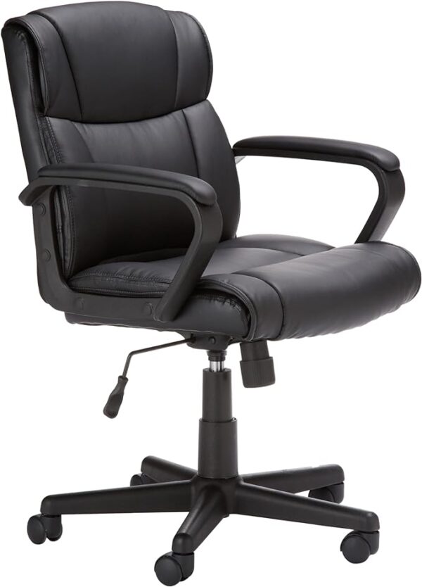 Office Computer Task Desk Chair with Padded Armrests, Mid-Back, Adjustable, 360 Swivel, Rolling, 275 Pound Capacity, BIFMA Certified, 24.2"D x 24"W x 34.8"H, Black Faux Leather