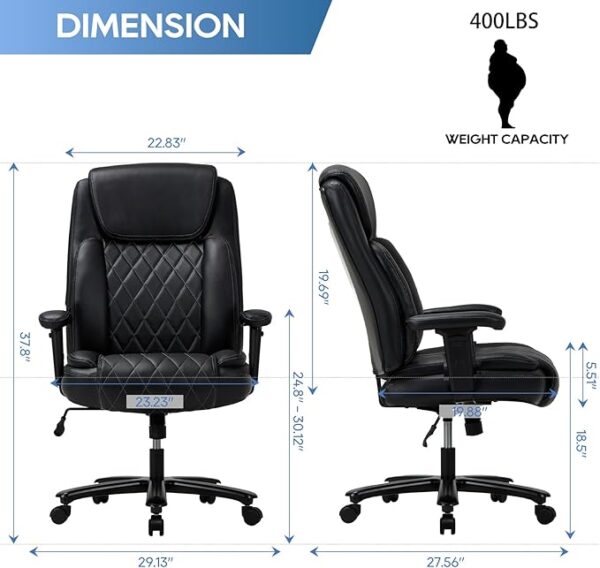 Big and Tall Office Chair 400lbs - Ergonomic High-Back Leather Executive Desk Chair with Padded Lumbar Support, Adjustable Arms, Wide Seat, Swivel Rolling for Heavy People, Black - Image 3