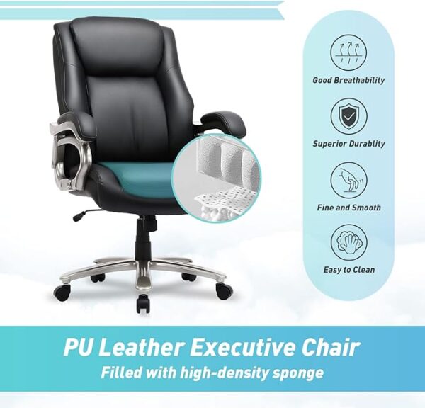 Big & Tall Office Chair 400lbs Wide Seat- High Back PU Leather Executive Computer Desk Chair for Heavy People, Large Office Chair with Metal Base & Ergonomic Back Support- Black - Image 4