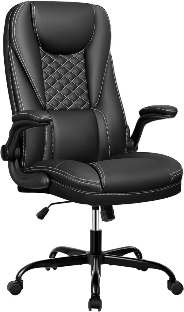 Office Chair, Big and Tall Office Chair Executive Office Chair Ergonomic Leather Chair with Lumbar Support High Back Home Office Desk Chairs Computer Chair with Adjustable Flip-Up Arms (Black)