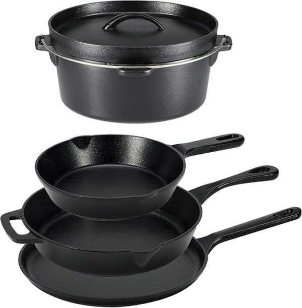 Pre-Seasoned Cast Iron 5 Pieces Kitchen Pots and Pans Cookware Set, Black, 14.17 x 12.2 x 10.63 in