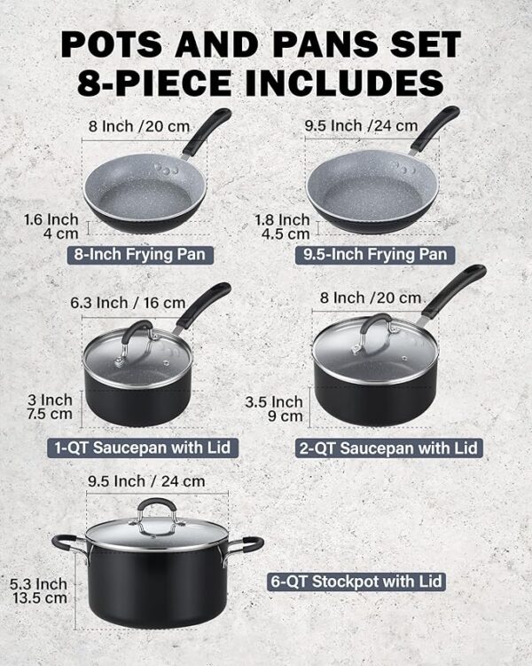 Cook N Home Pots and Pans Nonstick Kitchen Cookware Sets include Saucepan Frying Pan Stockpots 8-Piece, Heavy Gauge, Stay Cool Handle, Marble - Image 2