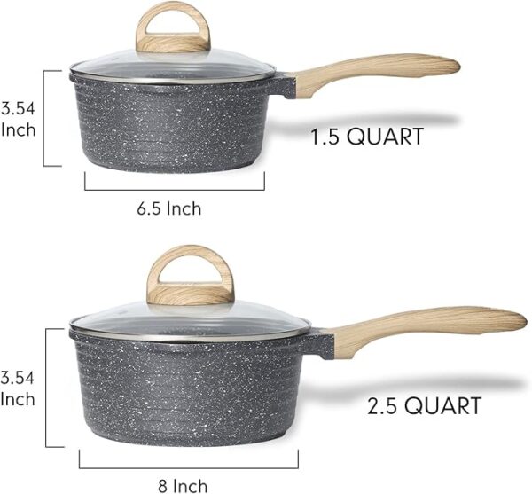 Pots Nonstick, 1.5 Quart & 2.5 Quart Induction Granite Coating Saucepan Sets with Glass Lid & Pour Spout, PFOA Free (Grey, 4pcs Pots Set) - Image 2