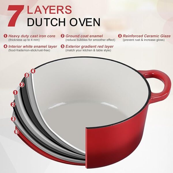 Small 3 Quart Dutch Oven, HaSteeL Round Cast Iron Cooking Pot with Lid, Nonstick Enameled Cookware for Sourdough Bread Baking Roasting Stewing Braising Frying, Heavy Duty & Oven Safe 500℉, Red - Image 3