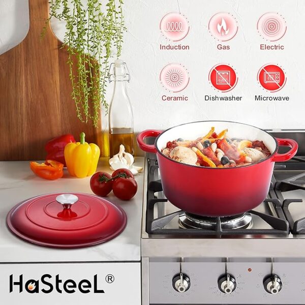 Small 3 Quart Dutch Oven, HaSteeL Round Cast Iron Cooking Pot with Lid, Nonstick Enameled Cookware for Sourdough Bread Baking Roasting Stewing Braising Frying, Heavy Duty & Oven Safe 500℉, Red - Image 4