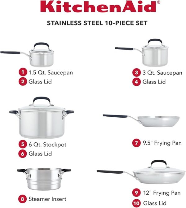 Stainless Steel Cookware/Pots and Pans Set, 10 Piece, Brushed Stainless Steel - Image 2