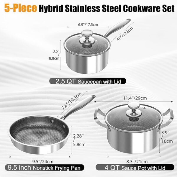 Pots and Pans Set,5 Pcs Nonstick Kitchen Cookware Sets,Stainless Steel Pots and Pans Set with All Stoves (Induction&Gas&Electric),Non-toxic,Oven Safe - Image 3